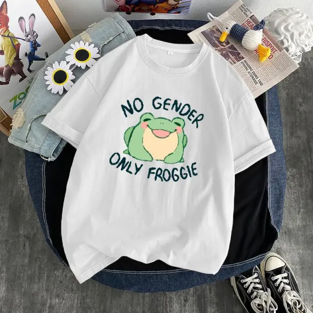 Frog Print Round Neck Loose Men's And Women's T shirt White - Shop at LoveMi
