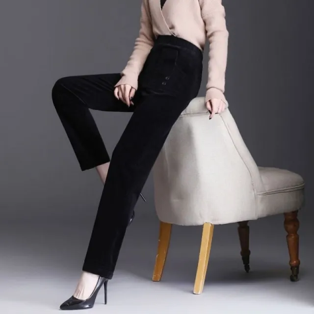 Polyester Straight leg Pants Women's High Waist Spring And Autumn Thickening Needlecord Black - Shop at LoveMi