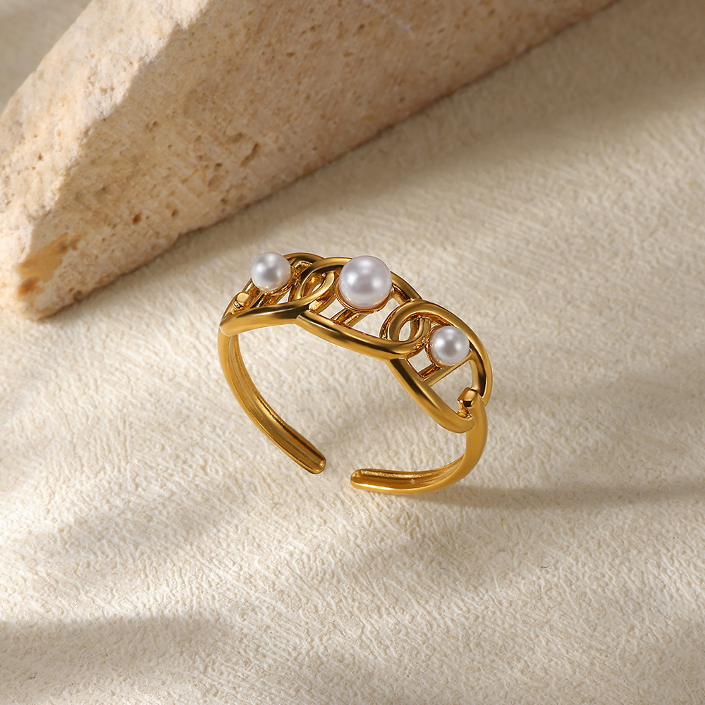 18K Gold Plated Faux Pearl Heart Ring Geometric Stainless Steel Open Jewelry — foto 5