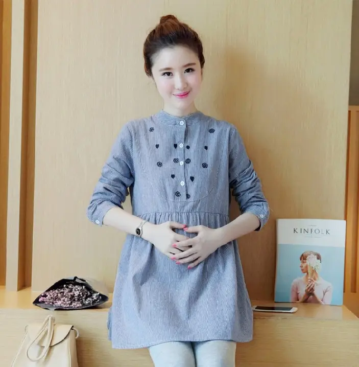 Maternity Dress Stand-up Collar Striped Embroidery Top