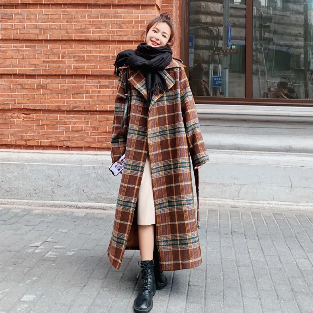Women's Autumn And Winter New Temperament Long Woolen Plaid Coat Jacket Coffee - Shop at LoveMi