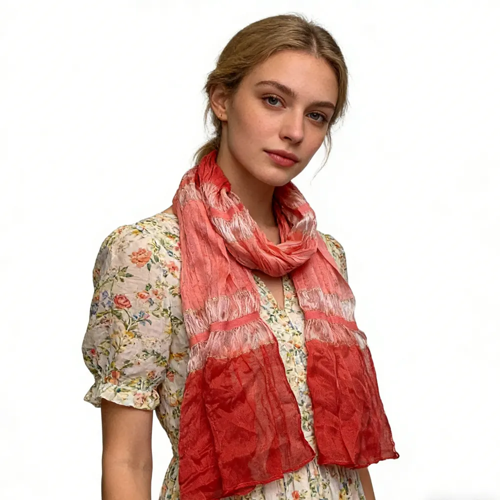 Red Metallic Polyester Scarf - Skinny Long