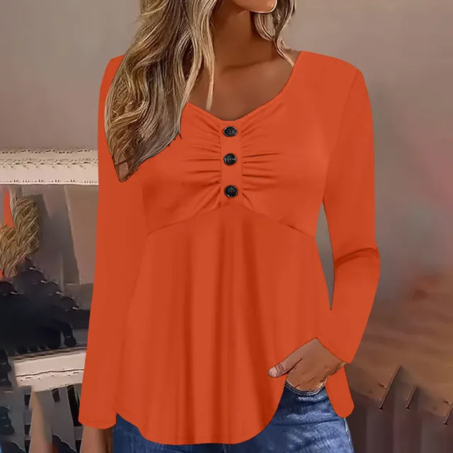 Plus Size V Neck Tunic Top Loose Fit Casual Blouse With Button Detail & Pleats For Spring Fall Red - Shop at LoveMi