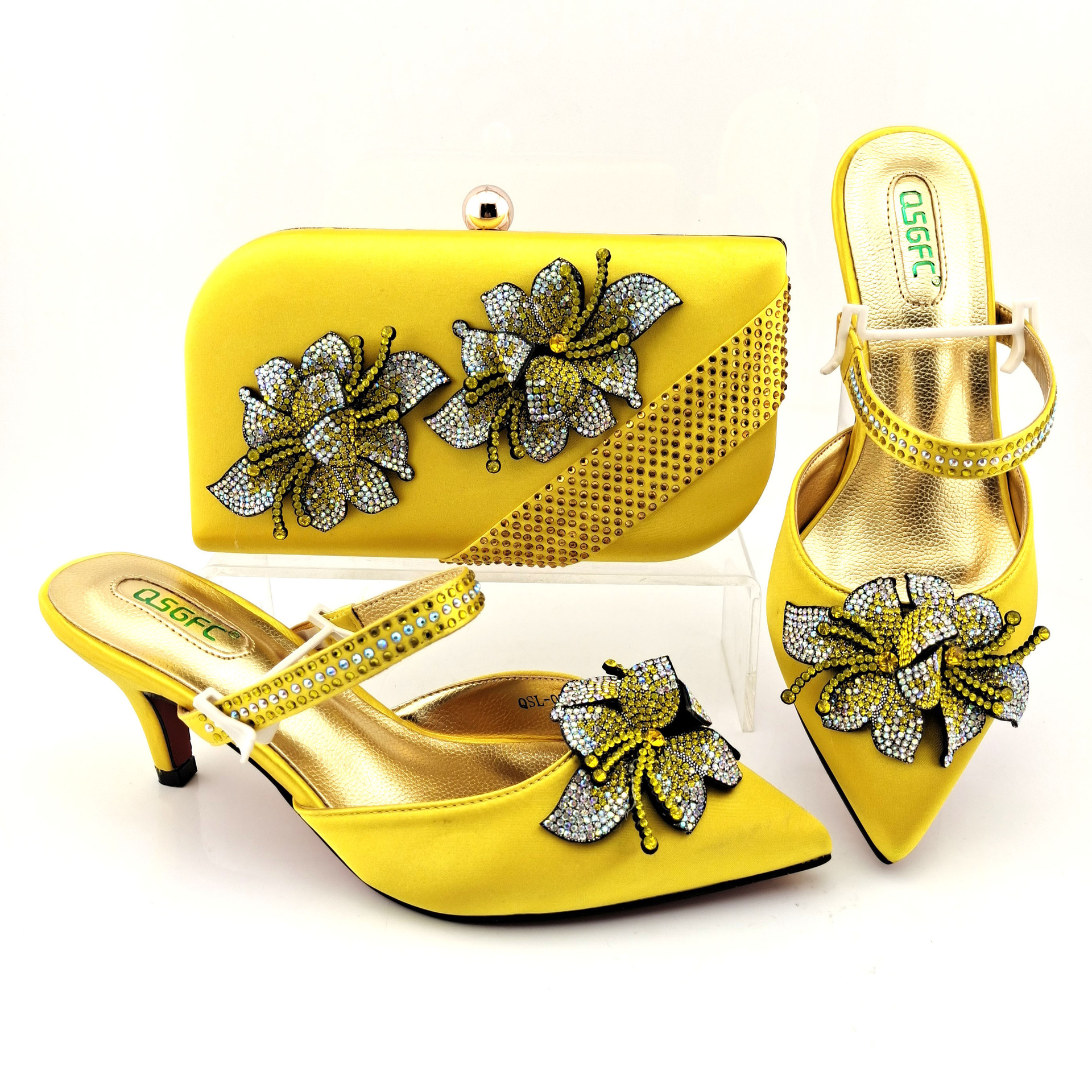 One Word Strap Sandals With Handbag Dinner Bag Pointed High Heels Yellow - Shop at LoveMi