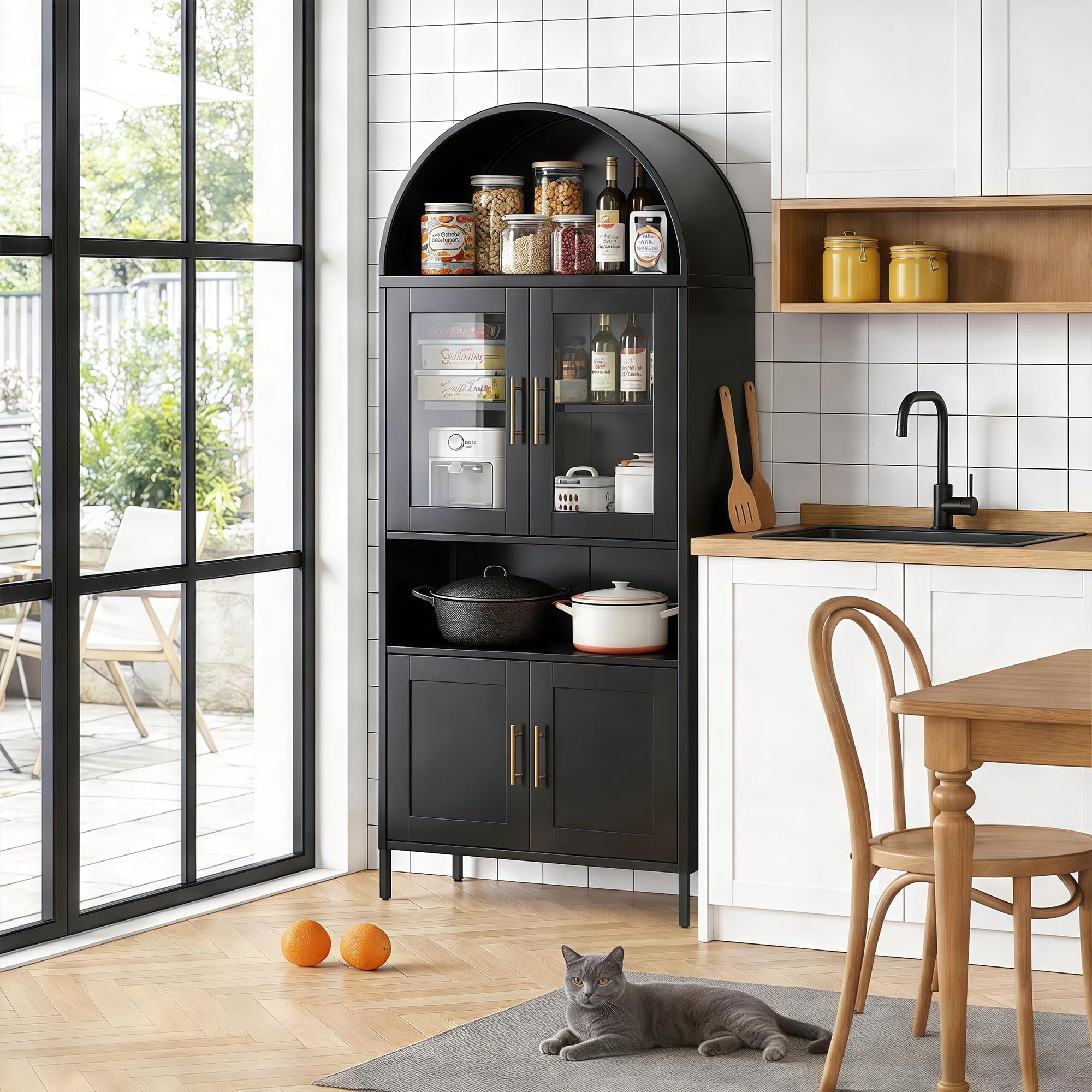 73inch Tall Arched Kitchen Pantry Cabinet With Doors, Metal Arched Hutch Cabinet For Kitchen, Dining Room, Living Room, Assembly Required, Black
