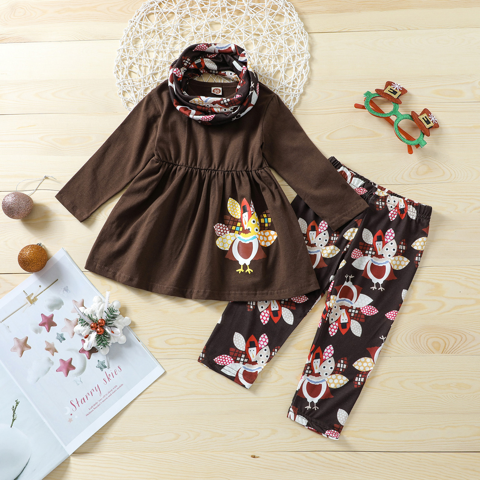 Girls' Turkey Print Top And Trousers Scarf Three-piece Set