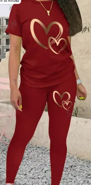 Slayr Women's Heart Printed Short Sleeve T-Shirt And Leggings Set For New Year Clothes - Red