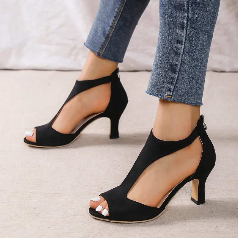Women's High Heeled Fish Mouth Sandals with Zipper Closure - Summer Dressy Open Toe Footwear