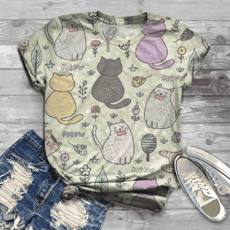 Title 8, Fashion Digital Cat Print Female T Short Sleeve