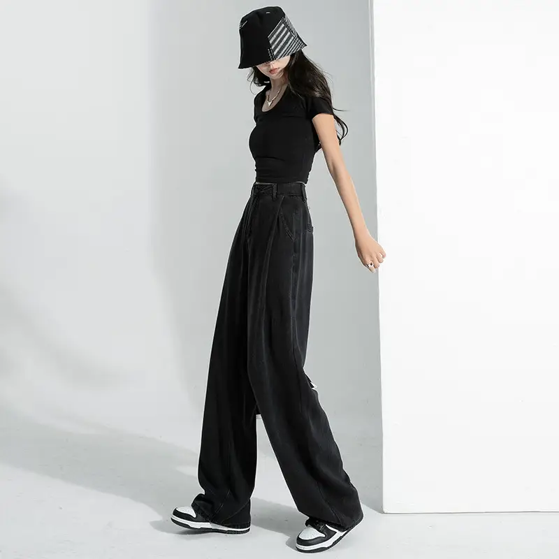 Tencel Black Wide Leg Jeans Women's High Waist Slim