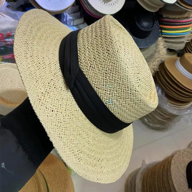 Summer Female Flat Straw Hat Sun Visor Hat Lafite Beige Black - Shop at LoveMi