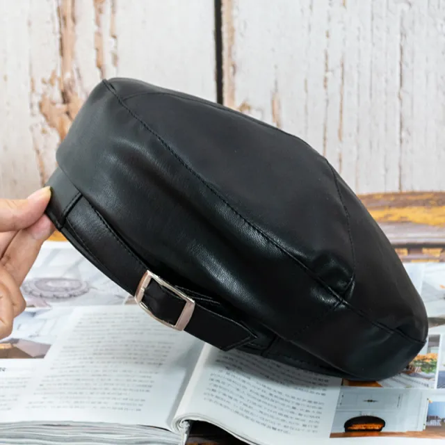 Pu Leather Square Buckle Beret Female Tide Ins British Retro Pure Color Octagonal Beret Hat Black - Shop at LoveMi