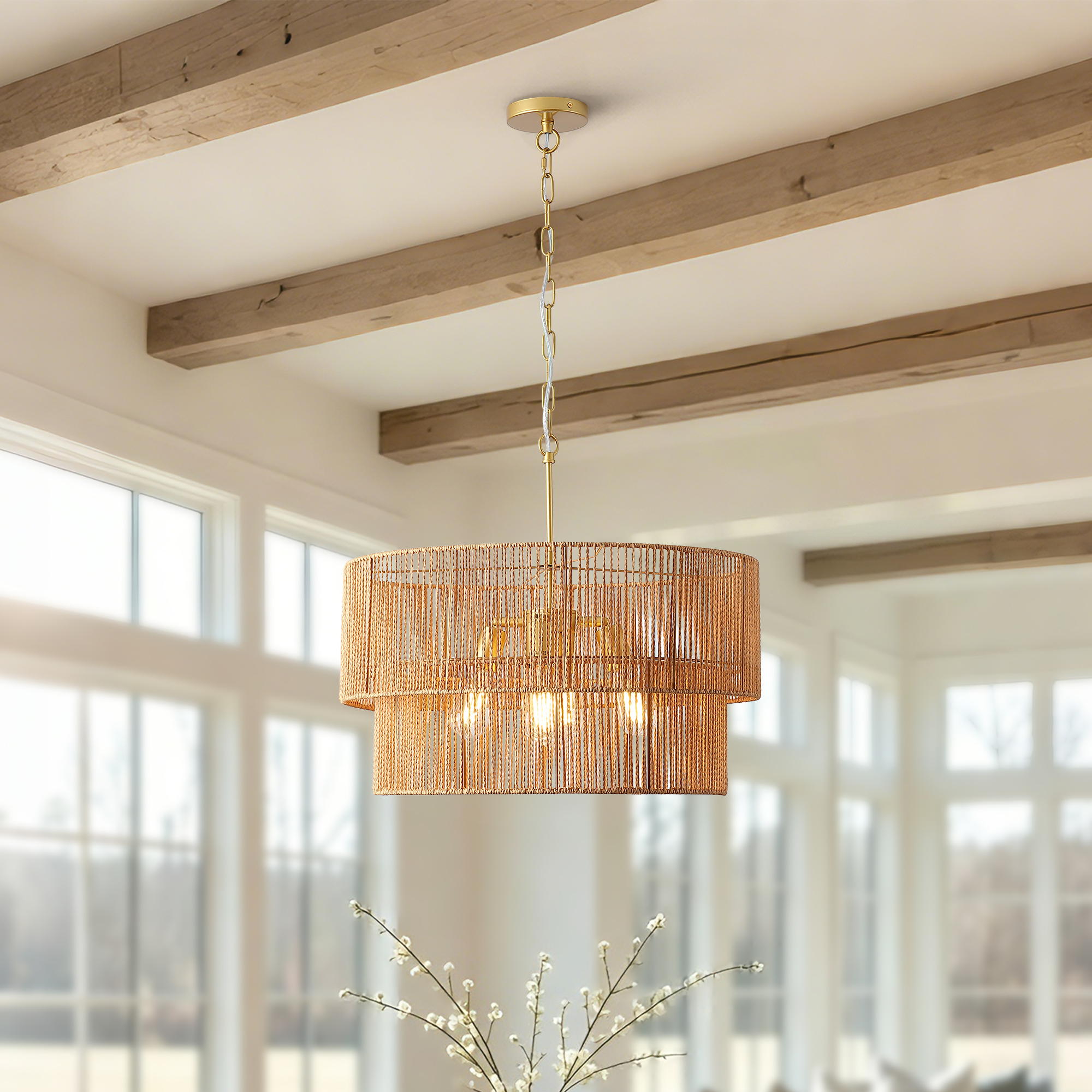 23.62in  Handwoven Woven Paper Rattan Chandelier, 2-Tier Boho Wabi-Sabi Pendant Light, Gold Metal Hanging Ceiling Lamp, Wicker Lighting Fixture For Dining Room Kitchen Island Living Room — foto 3
