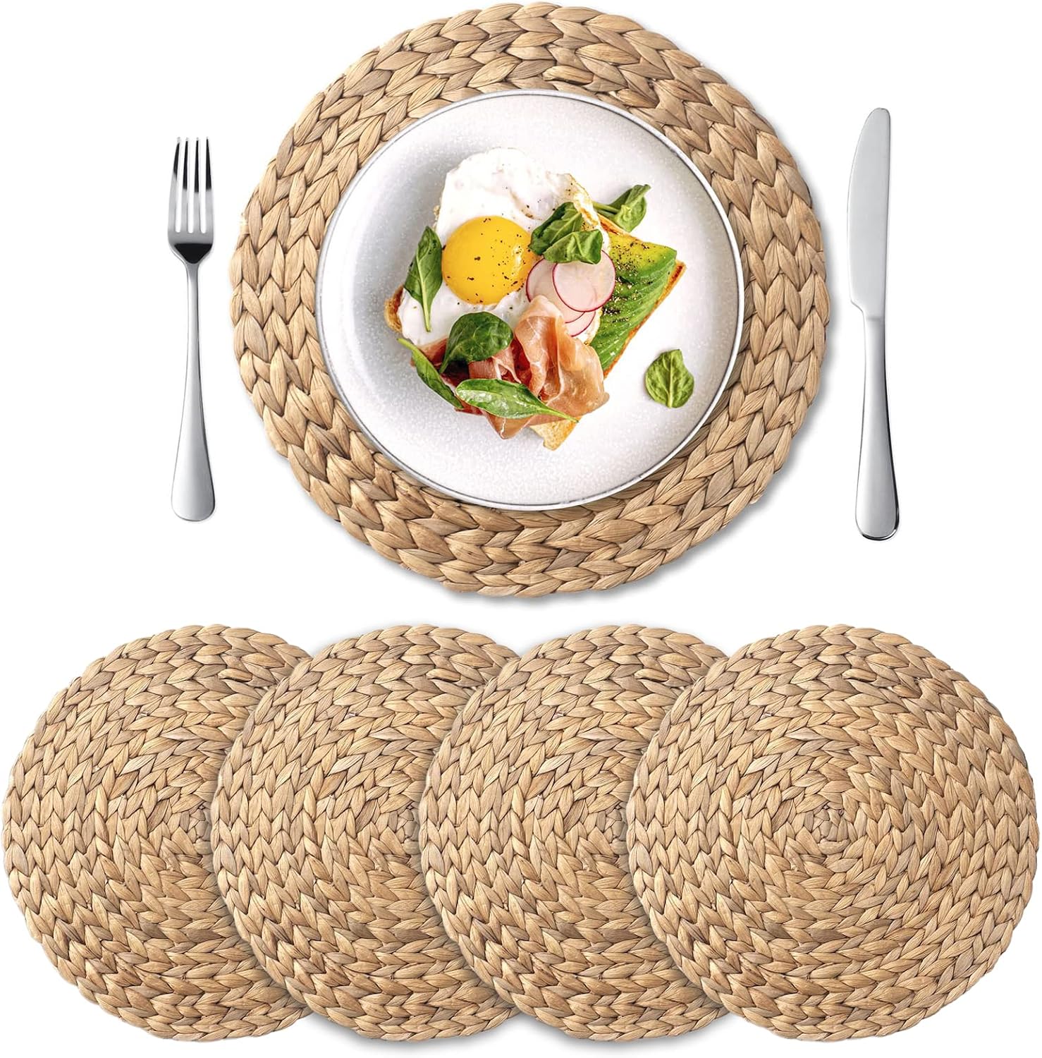 Round Woven Placemats 4 PCS, Natural Water Hyacinth Boho Wicker Table Mats For Dining Table, Kitchen And Home Decor