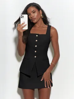 Buttoned Square Neck Sleeveless Vest And Mini Skirt Two Piece Co-Ord Set - Black - View 1