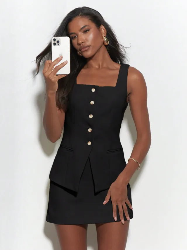 Buttoned Square Neck Sleeveless Vest And Mini Skirt Two Piece Co Ord Set Black - Shop at LoveMi