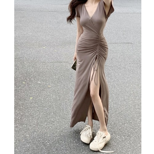 V neck Dress For Women In Summer Coffee Brown - Shop at LoveMi