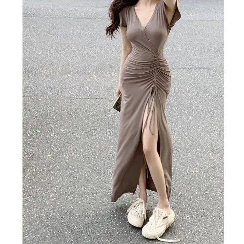 V neck Dress For Women In Summer Coffee - Shop at LoveMi