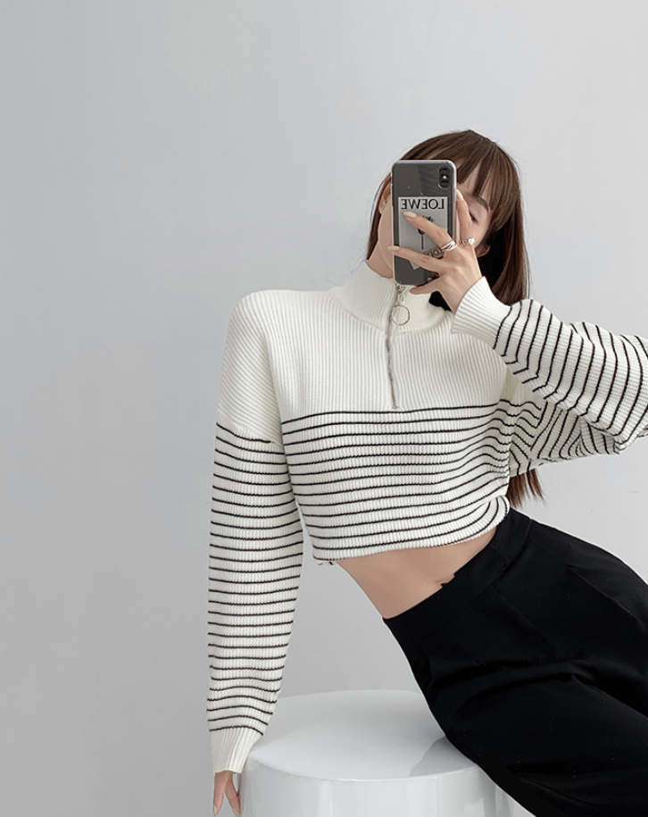 Black And White Striped Zipper Half High Neck Sweater Retro College Style Long-sleeved Top