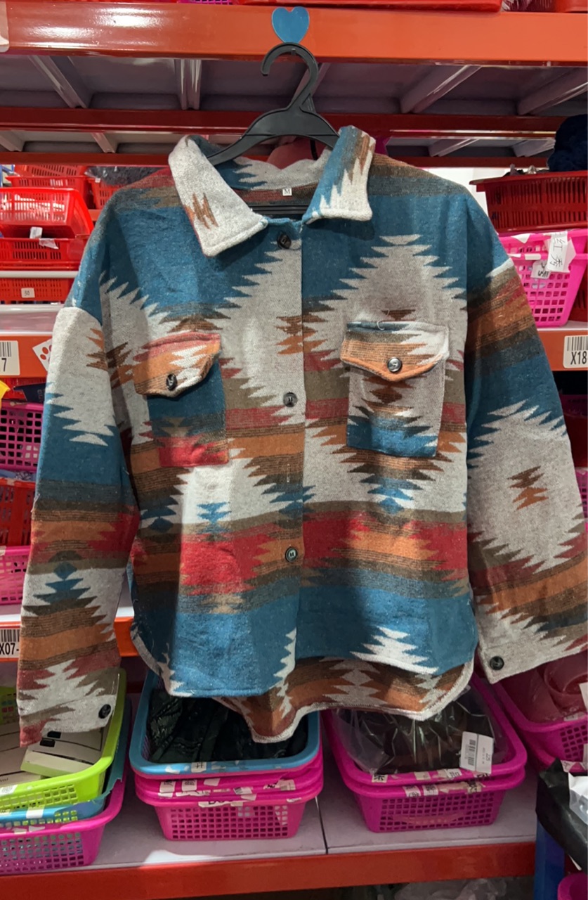 Geometric Pattern Cropped Loose Lapel Pocket Jacket White - Shop at LoveMi