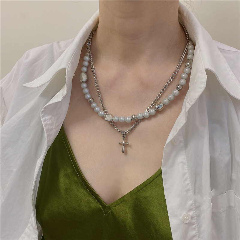 Vintage White Beaded Titanium Steel Necklace Girly Silver