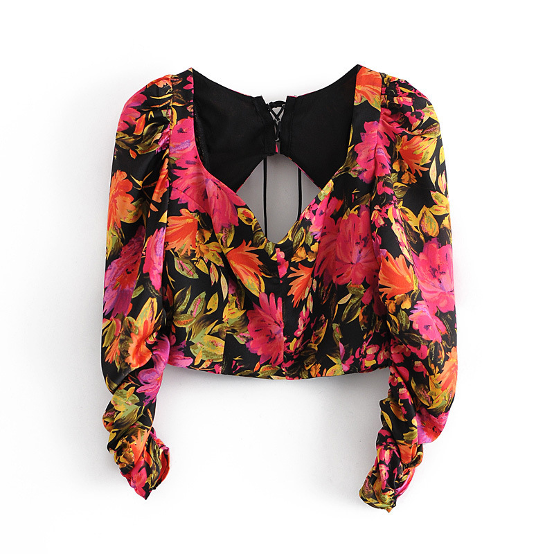 Women's Fashion Neon Tropical Floral Print Puff Sleeve Top
