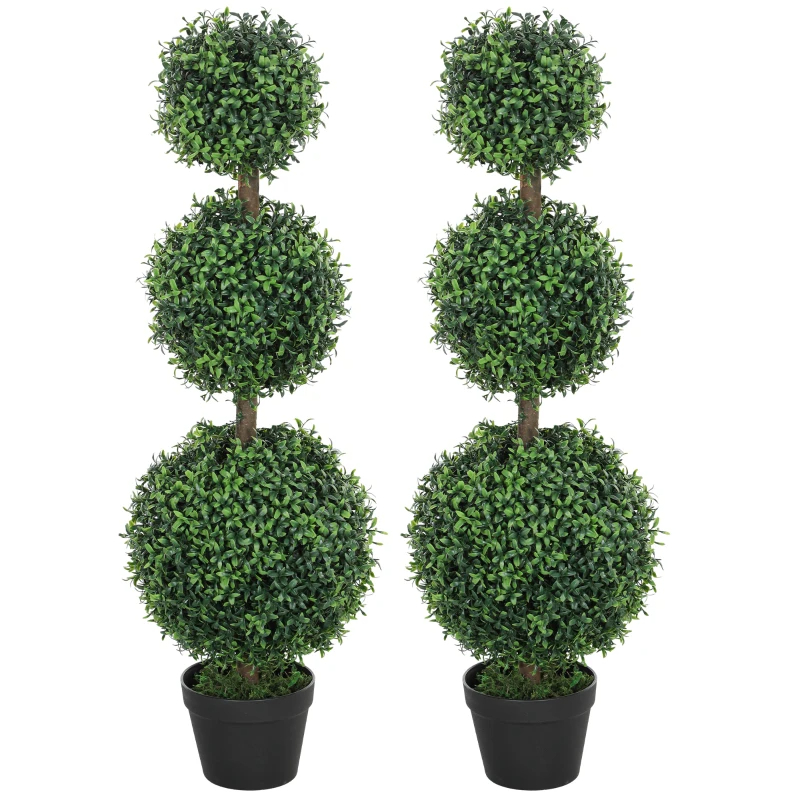 Set Of 2 Artificial Ball Boxwood Topiary Trees, Fake Plants In Pot For Indoor Outdoor Living Room Green