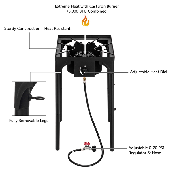 Outdoor Camp Stove High Pressure Propane Gas Cooker Portable Cast Iron Patio Cooking Burner Single Burner 75000-BTU — foto 4