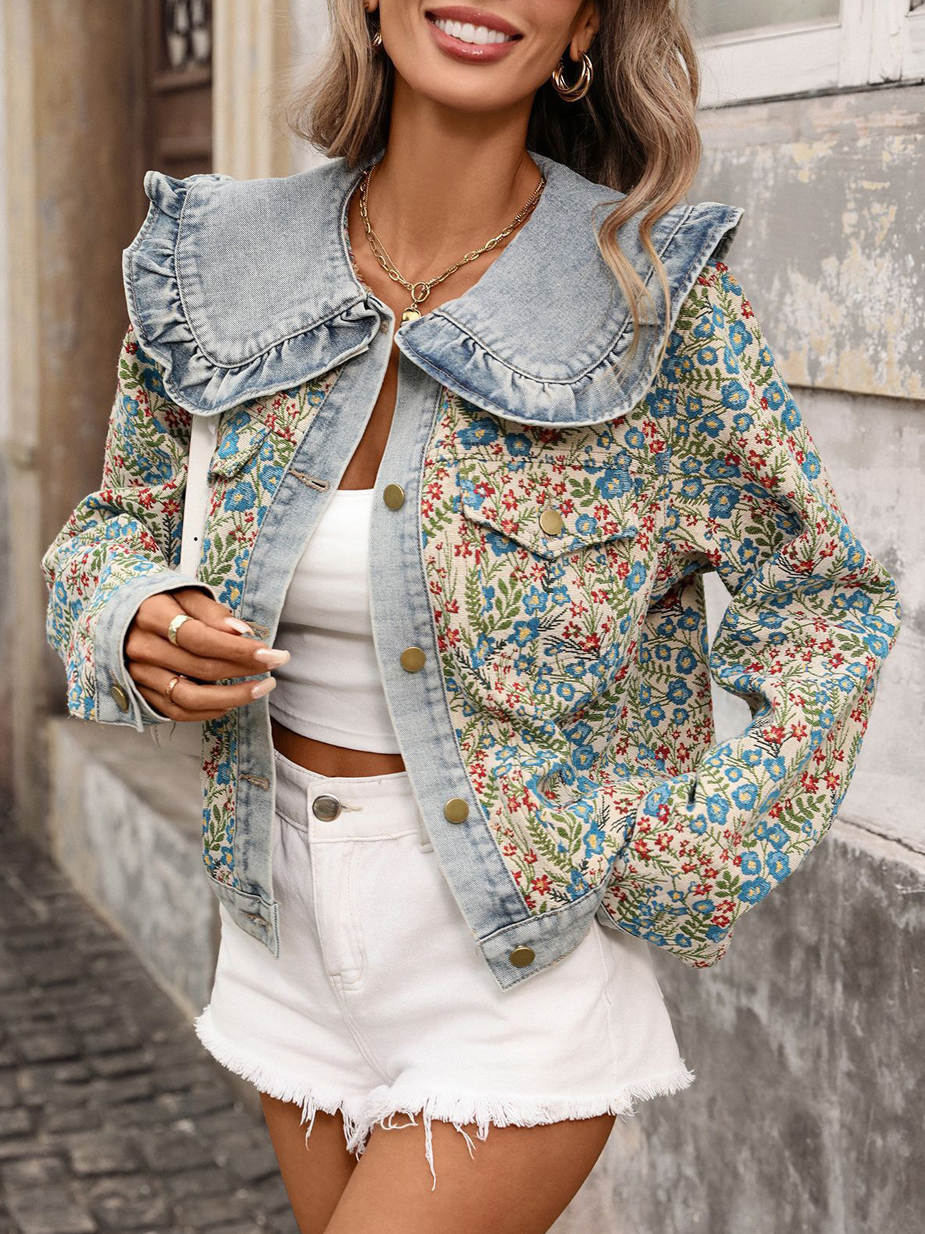 New Women's Jacquard Long-sleeved Ruffled Peter Pan Collar Single-breasted Short Denim Jacket, Stylish And Versatile, Suitable For Everyday Wear. — foto 2