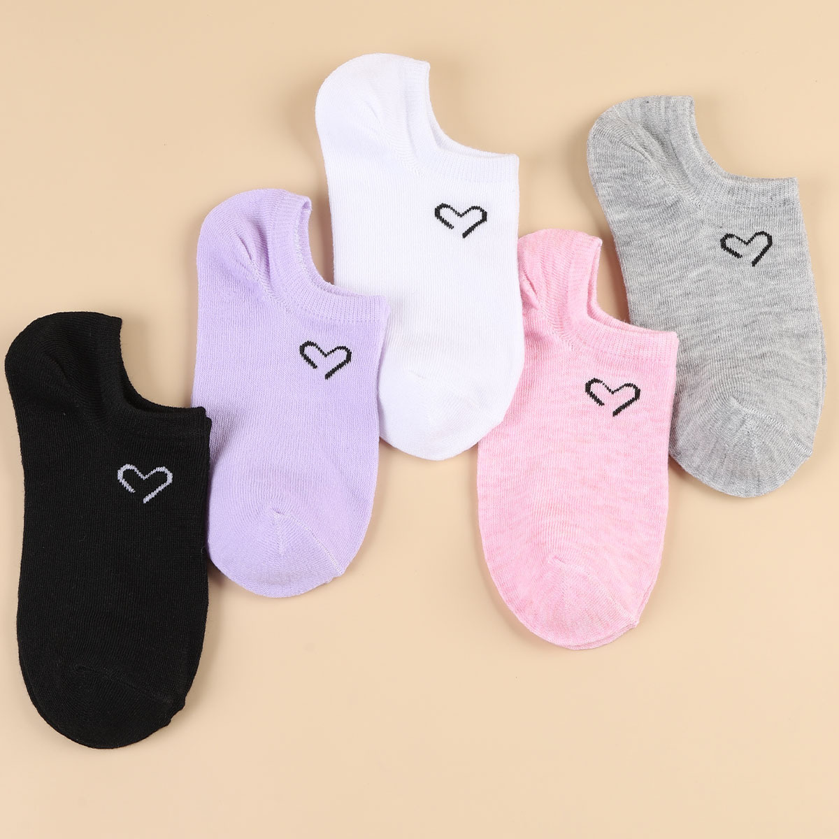 Minimalist Heart Print No Show Socks, Pastel Color Cute Low-Cut Liner Socks, Women's Non-Slip Casual Socks For Flats & Sneakers