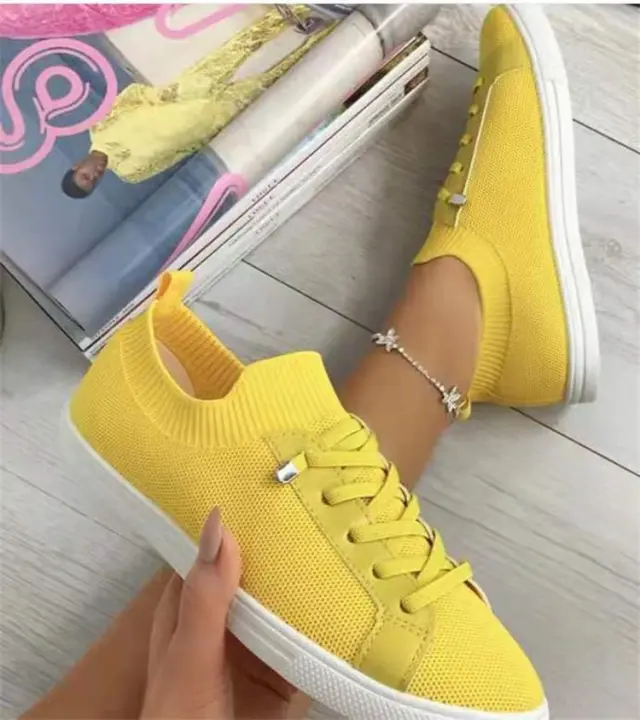 Flat Lace Up Fly Woven Mesh Breathable Shoes Yellow - Shop at LoveMi