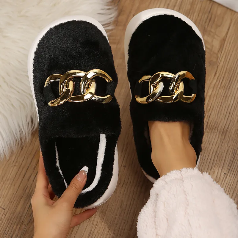Short Plush Metal Chain Insulated Casual Home Slippers - Black