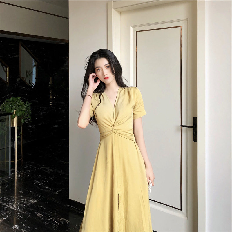 Light Yellow Long Skirt French Bellflower Waist Dress