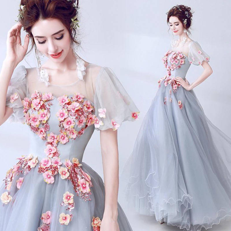 Grey-Blue Evening Dress with Flower Decoration, picture 4 of 5