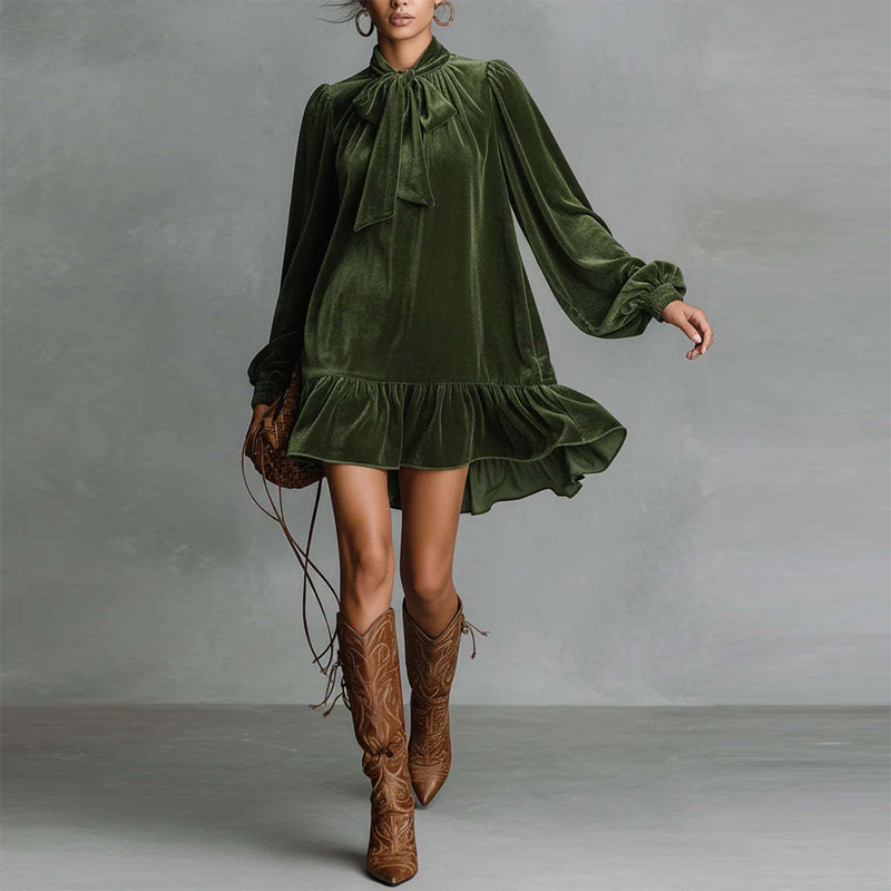 Women's Elegant Solid Color Bow Tie Dress With Puff Sleeves & Asymmetric Ruffle Hem, Loose Fit Short Dress For Spring Autumn Green - Shop at LoveMi