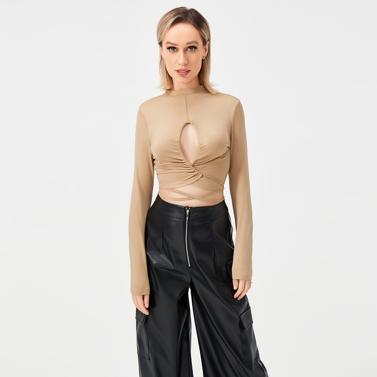 Long Sleeve Tie Cutout Sexy T-Shirt Women's Top