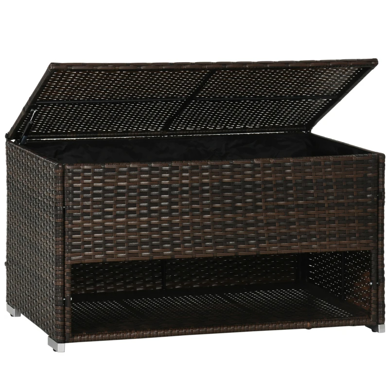 Outdoor Deck Box & Shoe Storage, PE Rattan Wicker Towel Rack With Liner For Indoor, Outdoor, Patio Furniture Cushions, Pool, Garden Tools, Brown