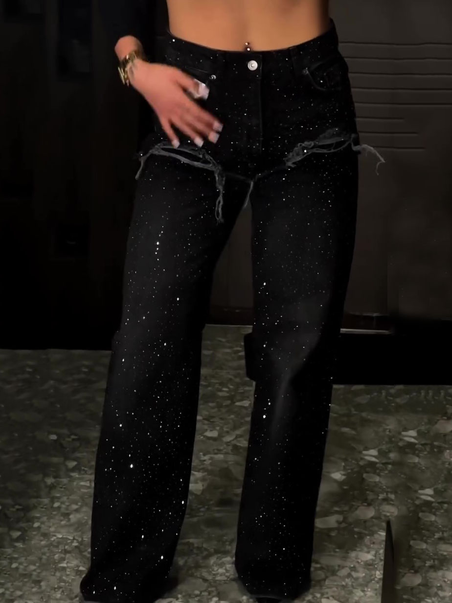 Black Rhinestone High Waist Wide Leg Jeans