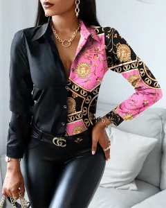 Printed Long Sleeve Shirt Top Women's Wear - Figure Color2-2Xl - View 1
