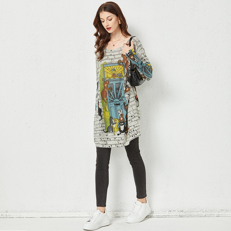 Cartoon Print Women's Loose Outer Wear Knitted Sweater
