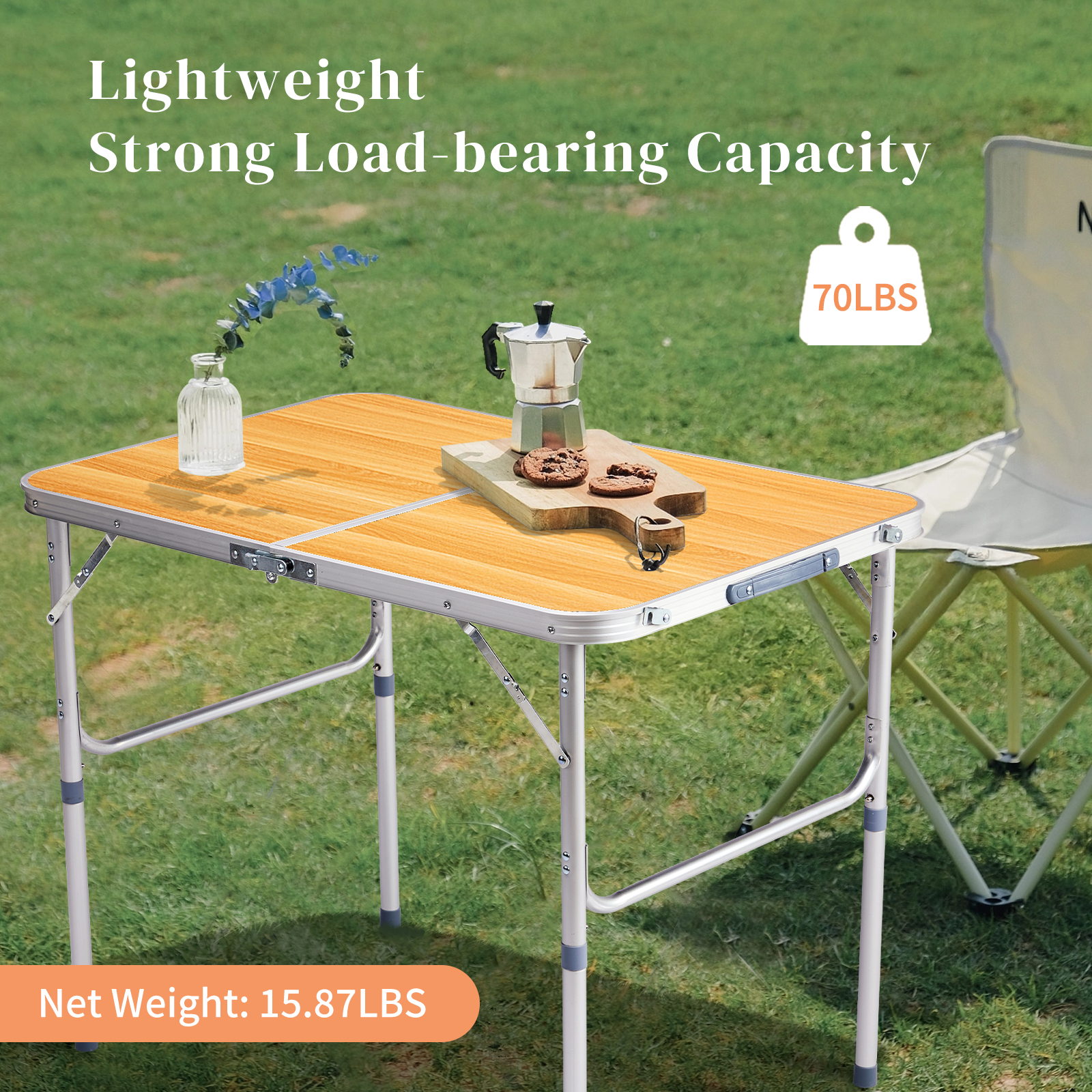 3ft Wood Grain Outdoor Folding Table Aluminum Alloy Rectangular 50kg Two Fold Tabletop