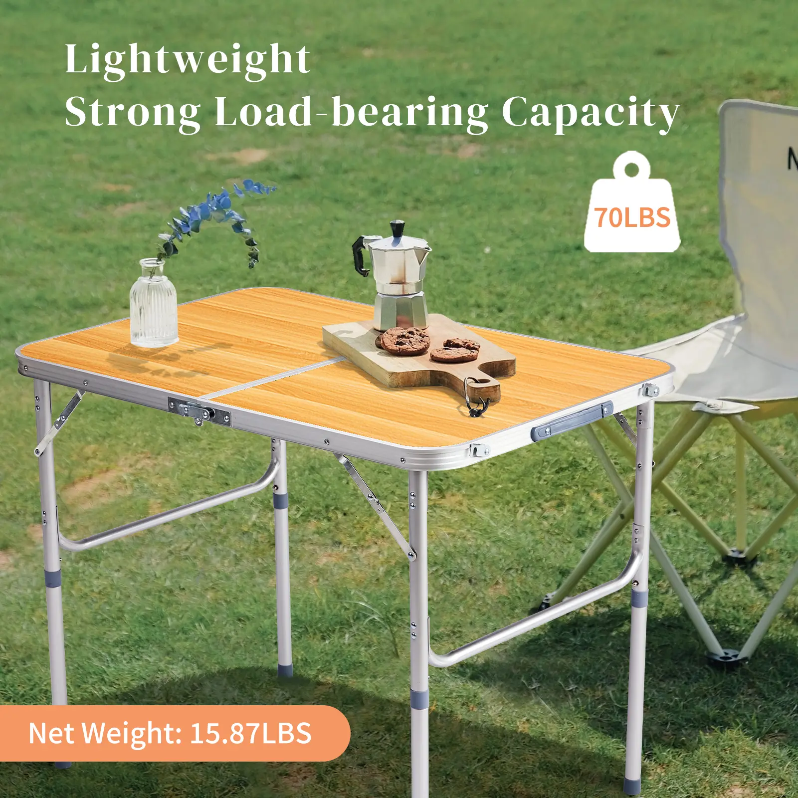 3ft Wood Grain Outdoor Folding Table Aluminum Alloy Rectangular 50kg Two Fold Tabletop
