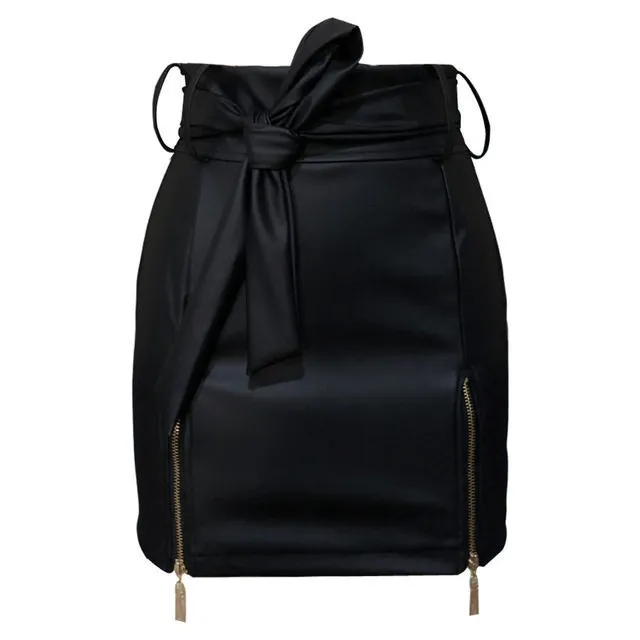 Women Bandage PU Leather Skirt Ladies Short Mini Skirts Black - Shop at LoveMi