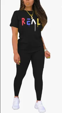 Women's Alphabet Printed Round Neck T Shirt And Leggings Set Black - Shop at LoveMi