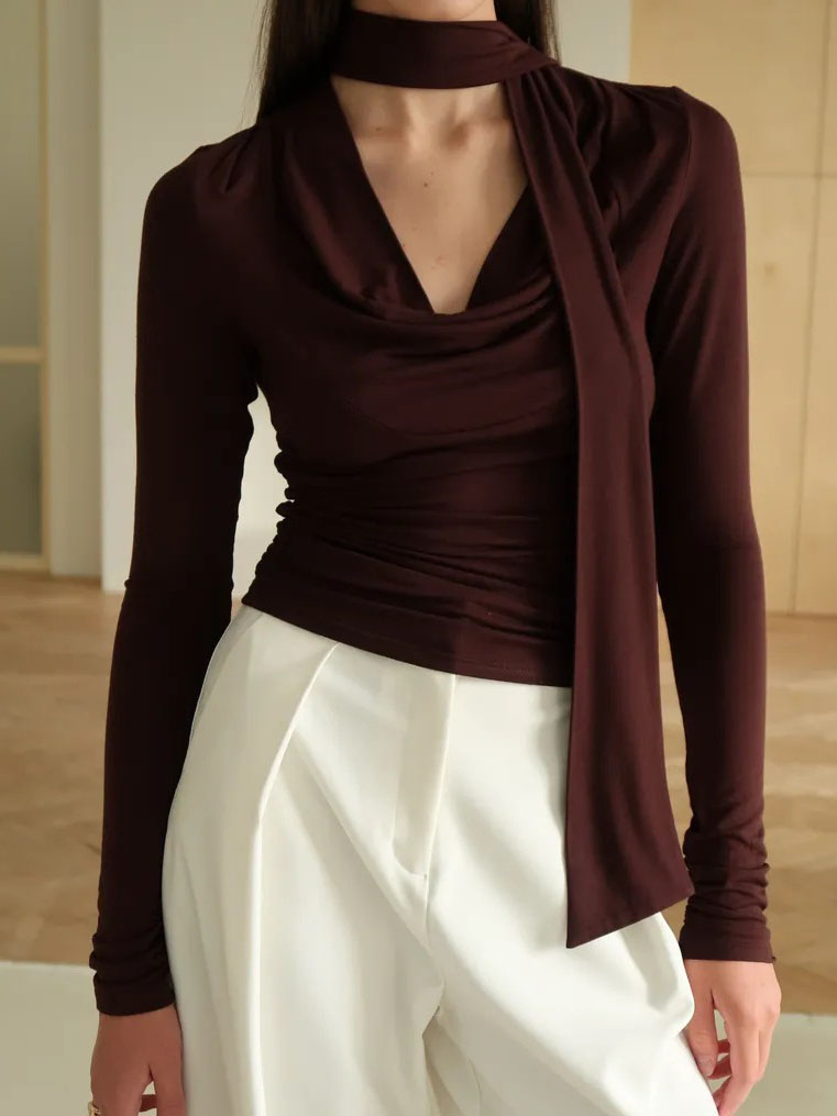 Ribbon V-neck Scarf Long-sleeved Base Shirt - Image 9