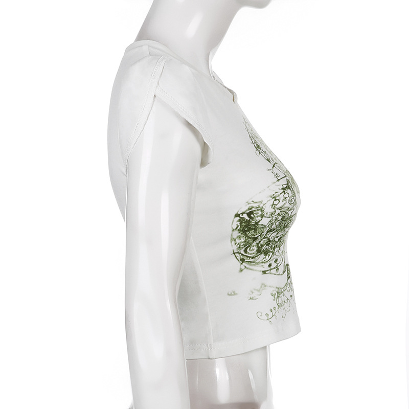 European And American Retro Print Slim Round Neck Cropped T Shirt Top