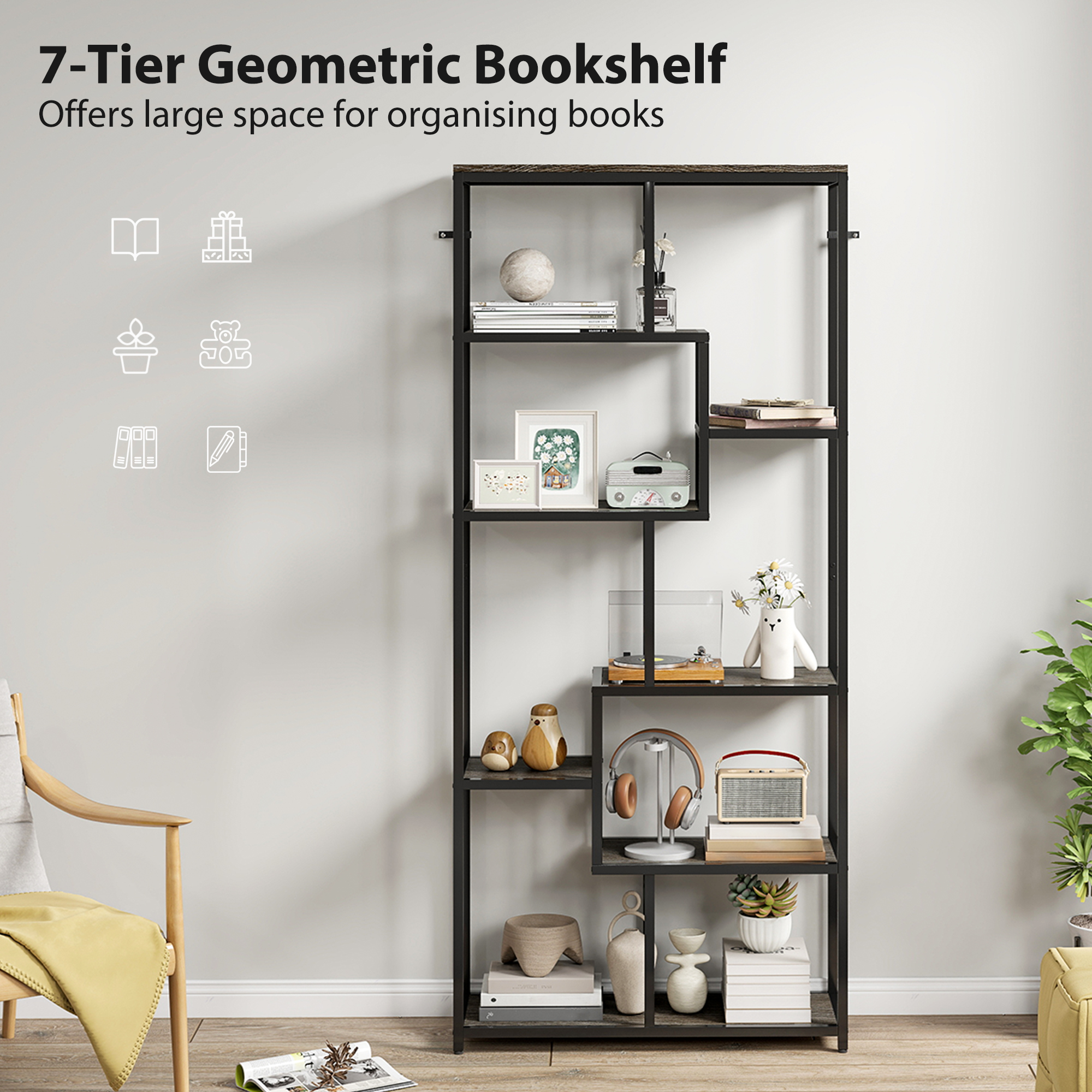 Seven layer geometric bookshelf