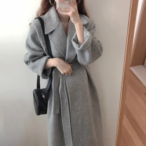 Lace Waist Long Warm Woolen Coat Women Light Grey - Shop at LoveMi