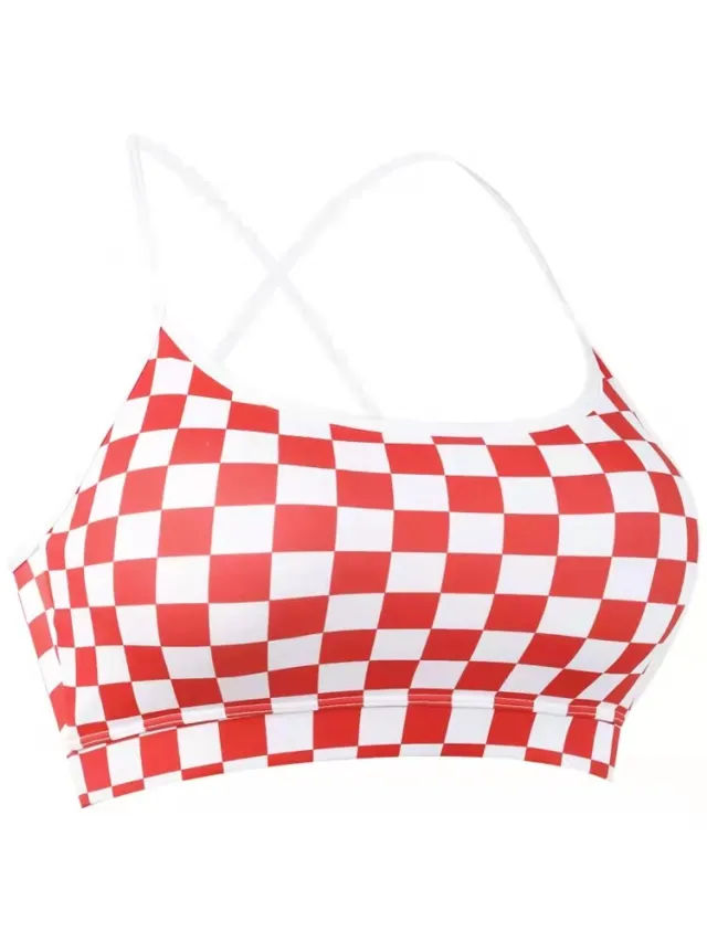 New Women's Fitness Running Yoga Checkerboard Plaid Sports Sling Bra Red - Shop at LoveMi