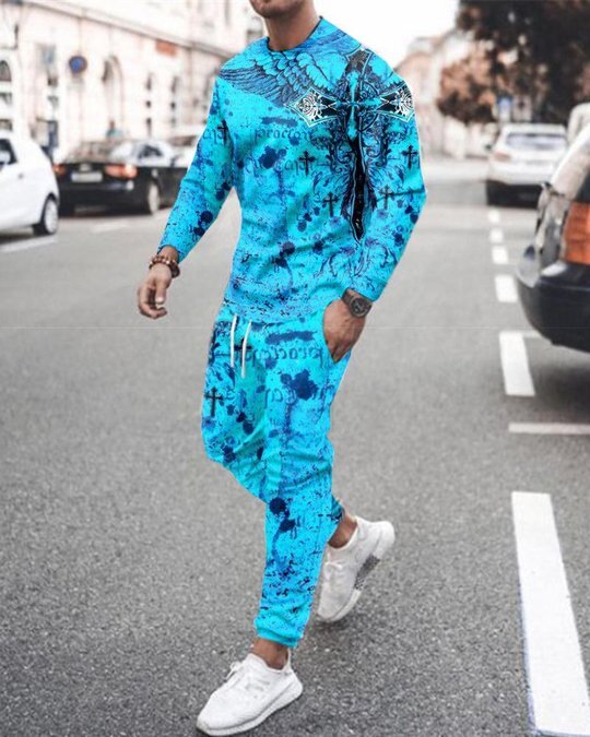 3d Digital Printing Crew Neck Sweater Sports Trousers Suit